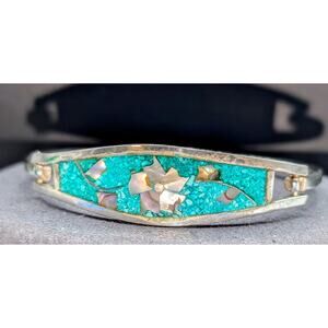 Vintage Turquoise Abalone Inlay Sterling Silver Cuff Bracelet Signed Taxco 925